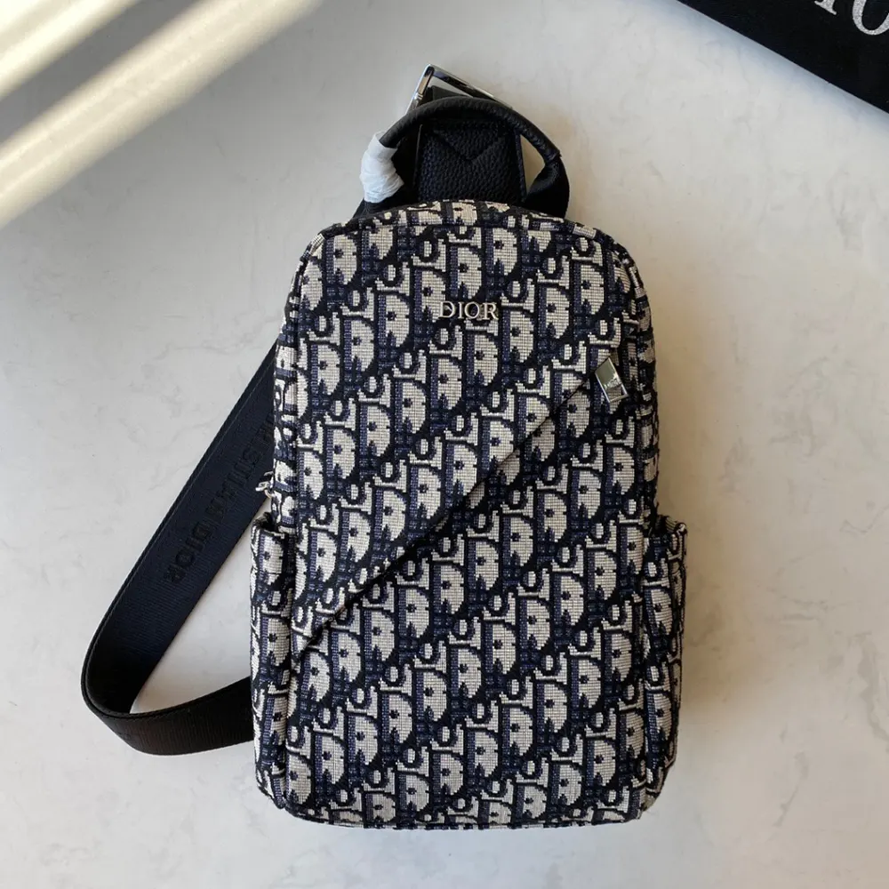 Front angle of Dior Men Sling Bag Black and Beige Dior Oblique Jacquard