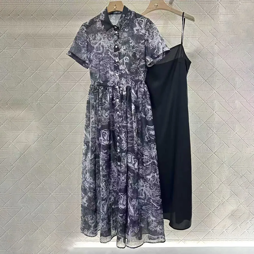 Front view of Dior Women Dioriviera Mid-length Shirt Dress Gray and White Cotton Muslin