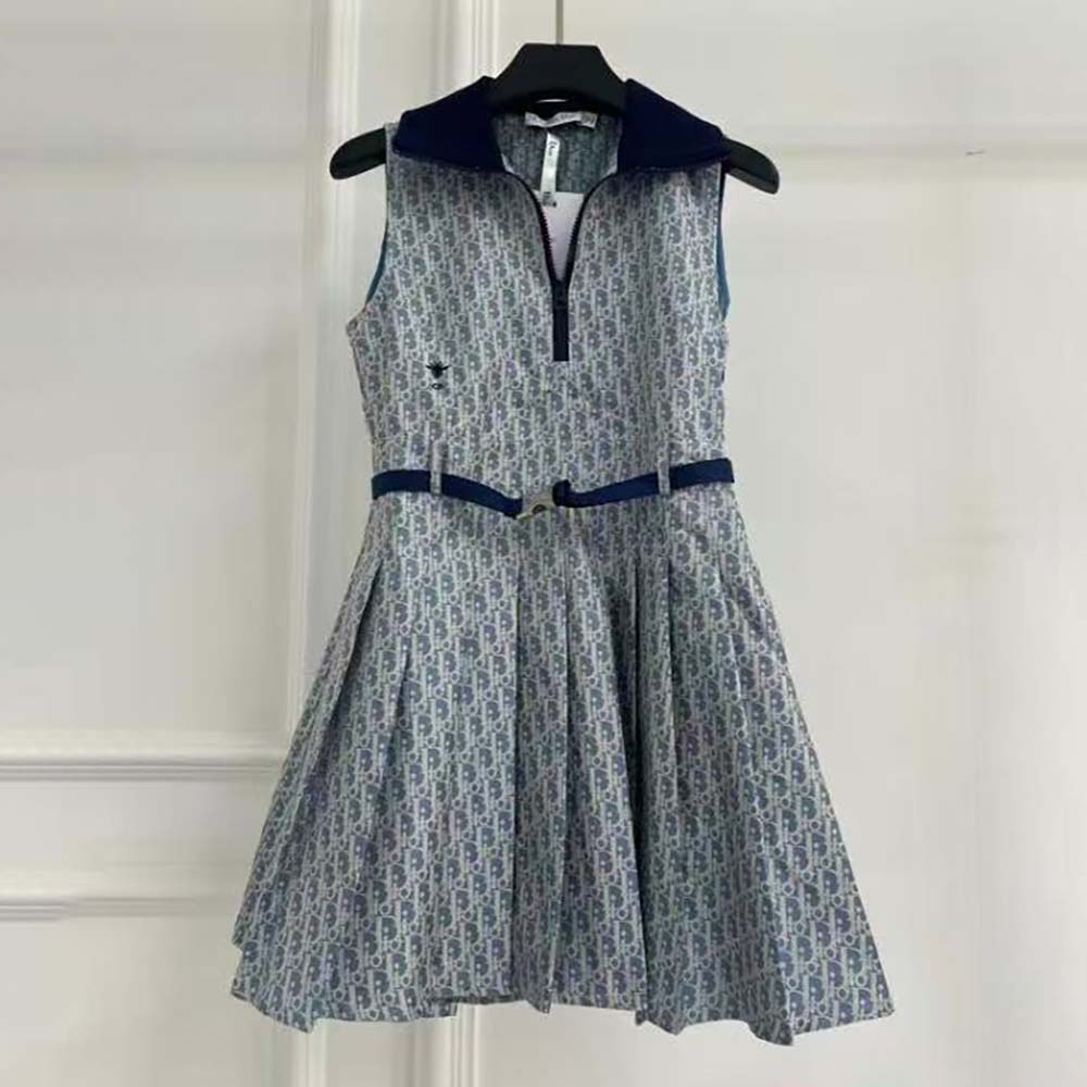 Front view of Dior Women Pleated Short Dress Light Blue and Ecru Technical Taffeta Jacquard