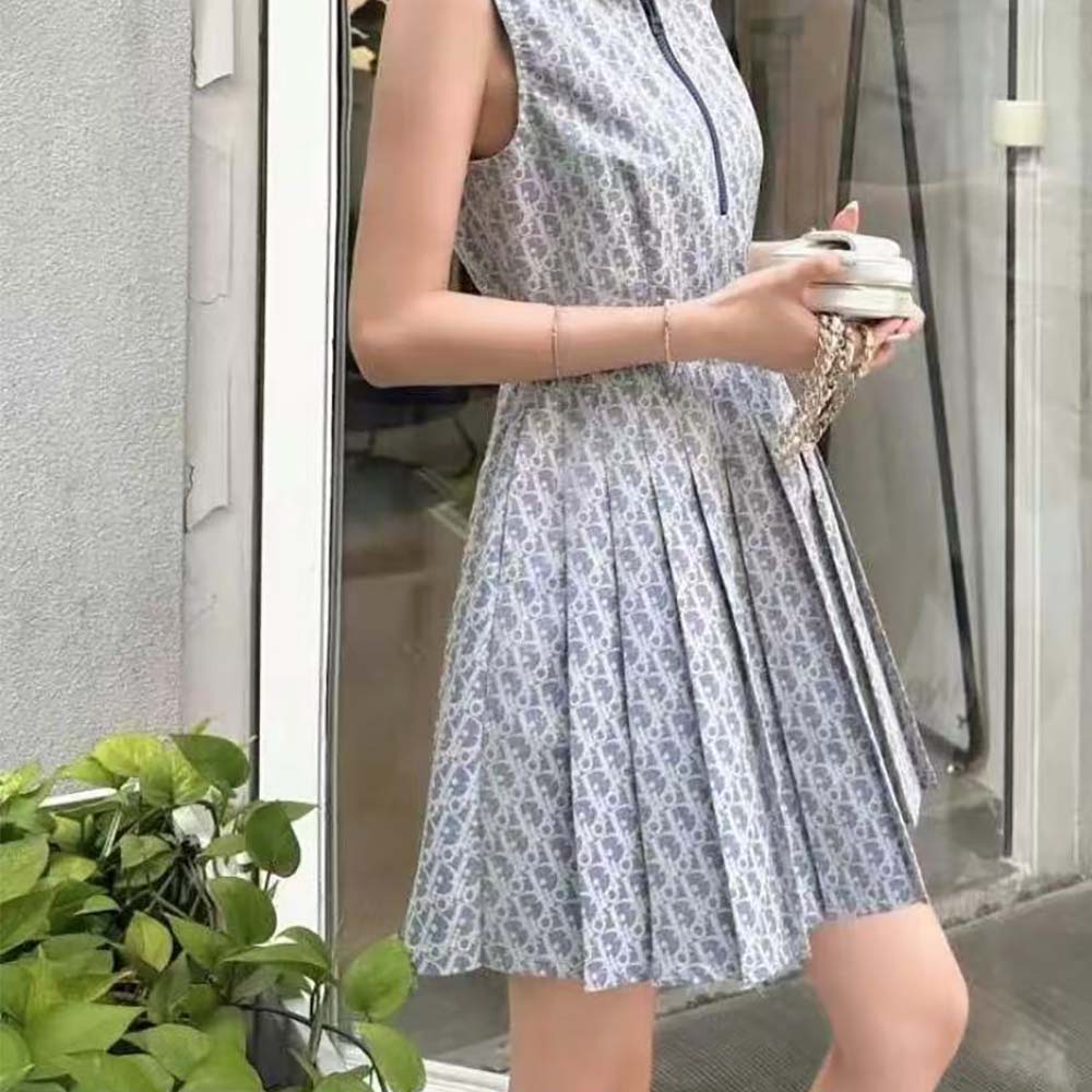 Dior Women Pleated Short Dress Light Blue and Ecru Technical Taffeta Jacquard - image 5