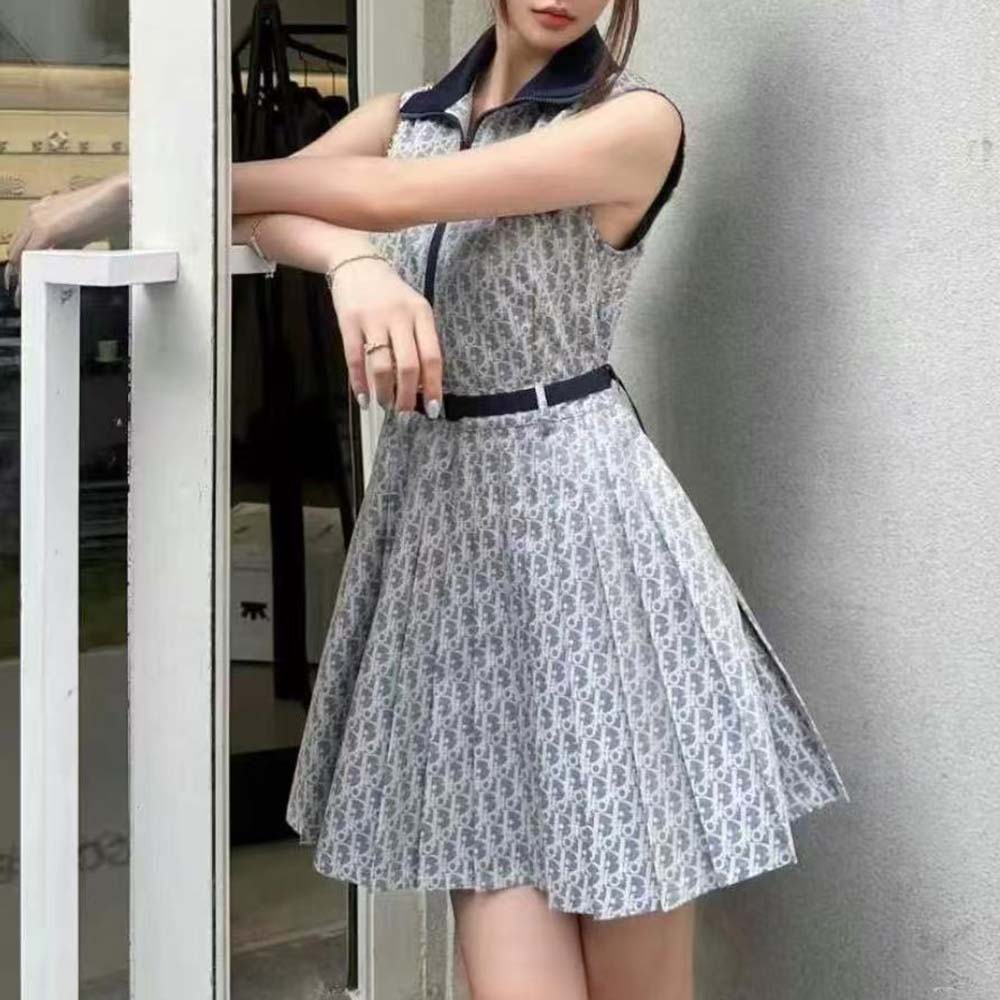 Dior Women Pleated Short Dress Light Blue and Ecru Technical Taffeta Jacquard - image 4