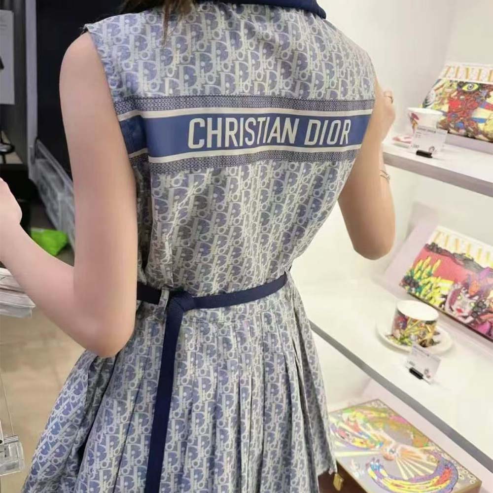 Dior Women Pleated Short Dress Light Blue and Ecru Technical Taffeta Jacquard - image 7