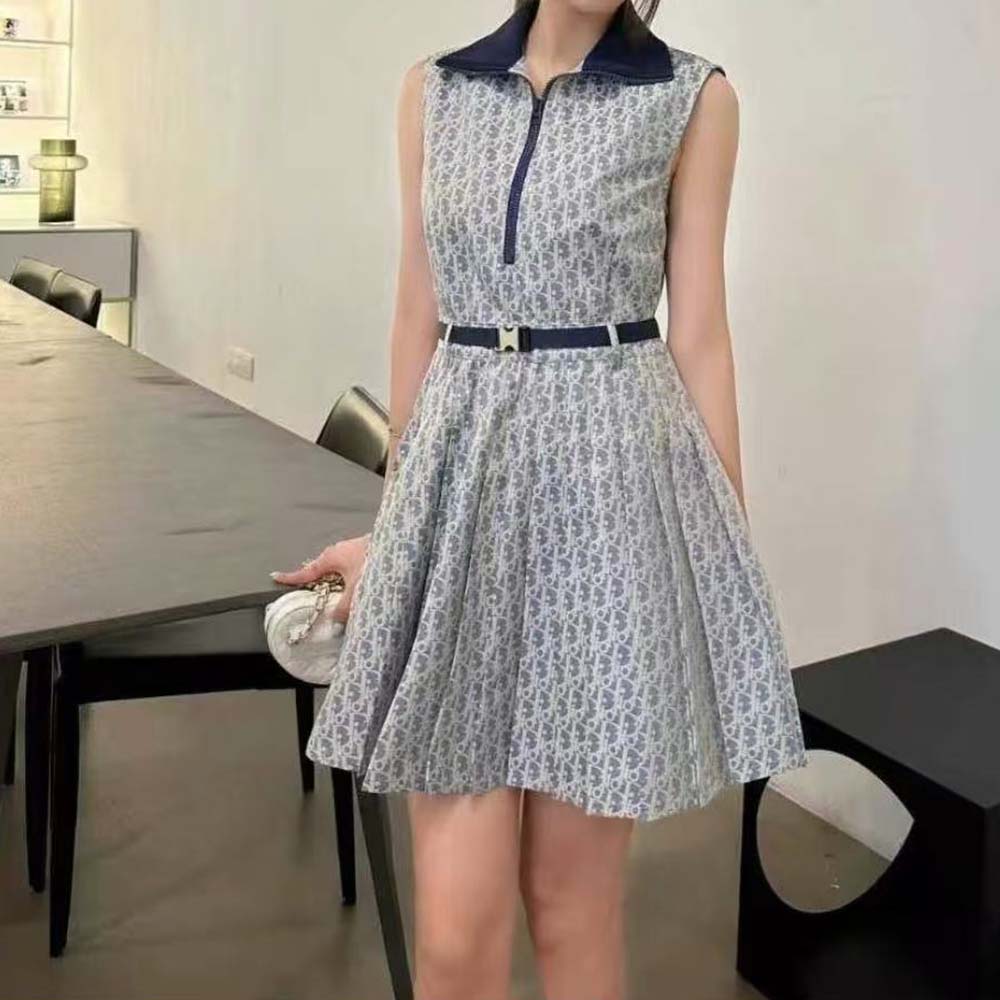 Close-up detail of pleats and fabric texture on Dior Women Pleated Short Dress Light Blue and Ecru Technical Taffeta Jacquard