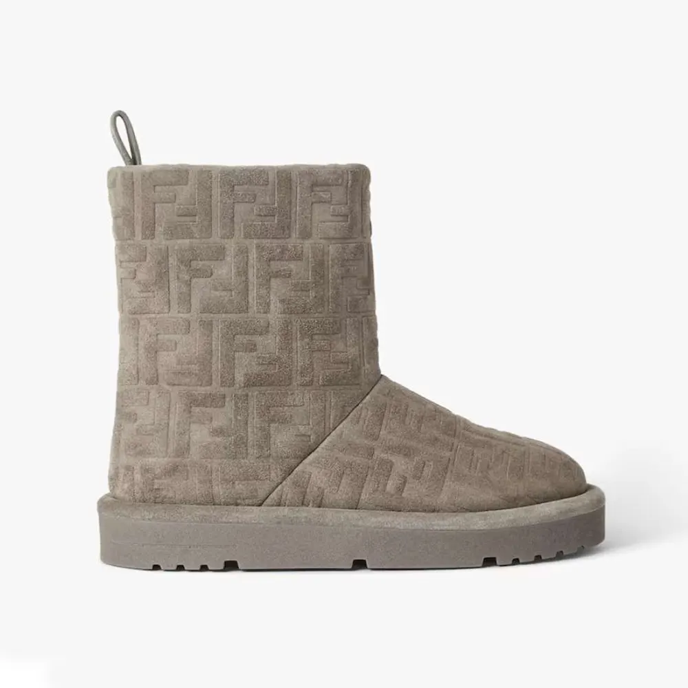Side view of Fendi Women Apres Chic Gray FF Suede Low Boots showing silhouette