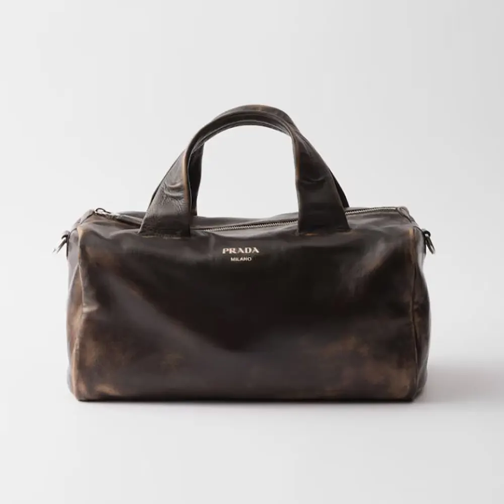 Front view of Prada Unisex Small Nappa Leather Duffle Bag-Dark Brown