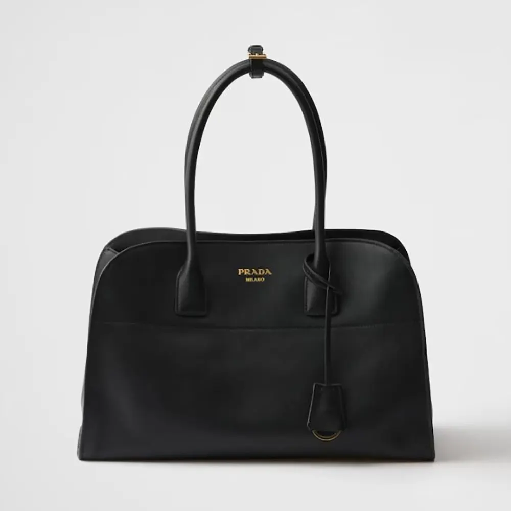Front view of Prada Women Large Leather Tote Bag-Black with handles