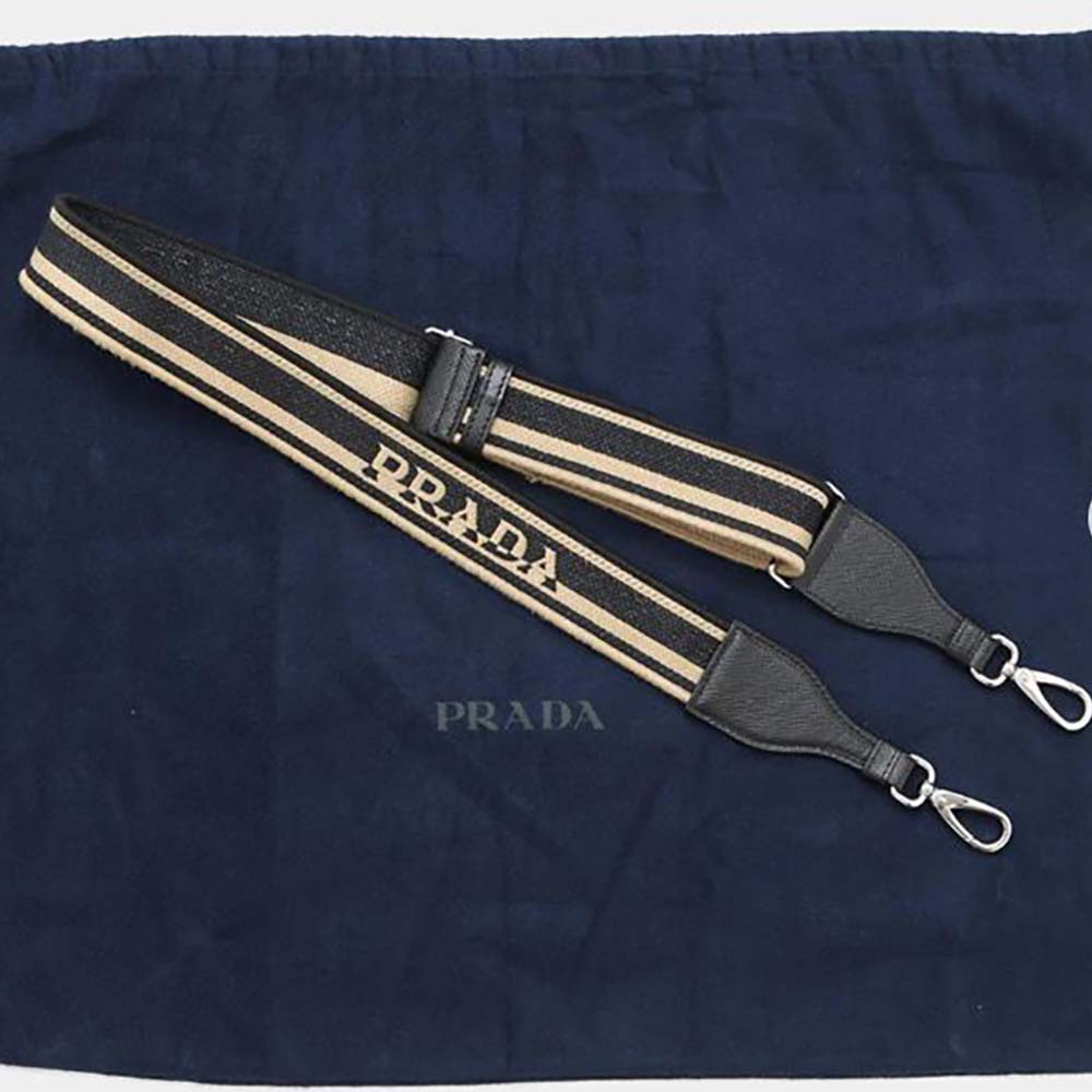 Close-up of embroidered logo on Prada Women Shoulder Strap black fabric