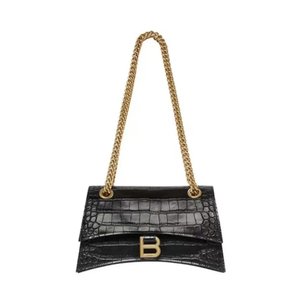 Front view of Balenciaga Women Small Crush Shoulder Bag in black shiny crocodile leather