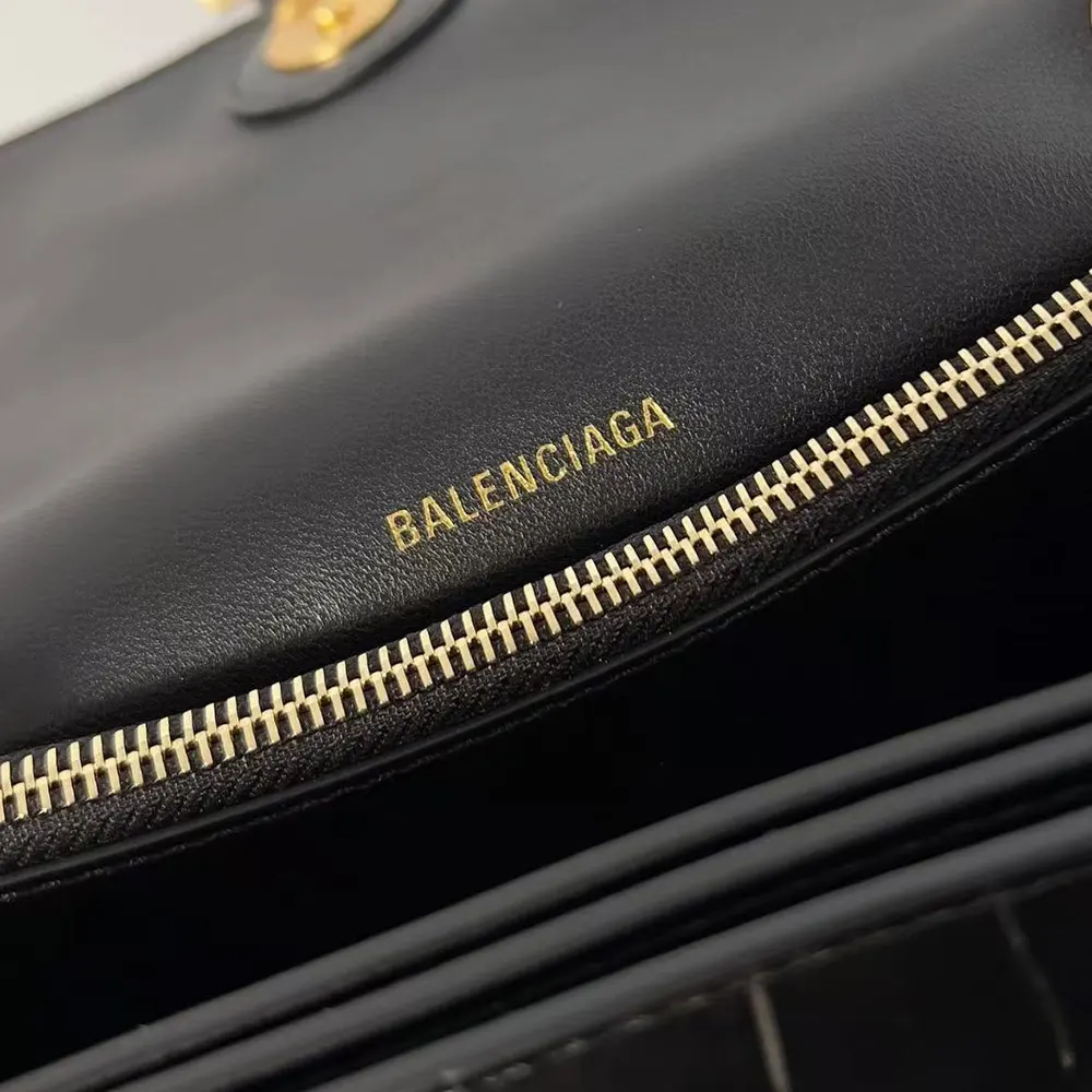 Balenciaga Women Small Crush Shoulder Bag in Black Shiny Crocodile Embossed Leather - image 9