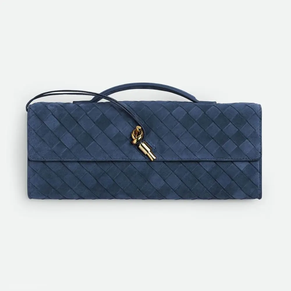 Front view of Bottega Veneta Women Andiamo Clutch-Navy with gold clasp