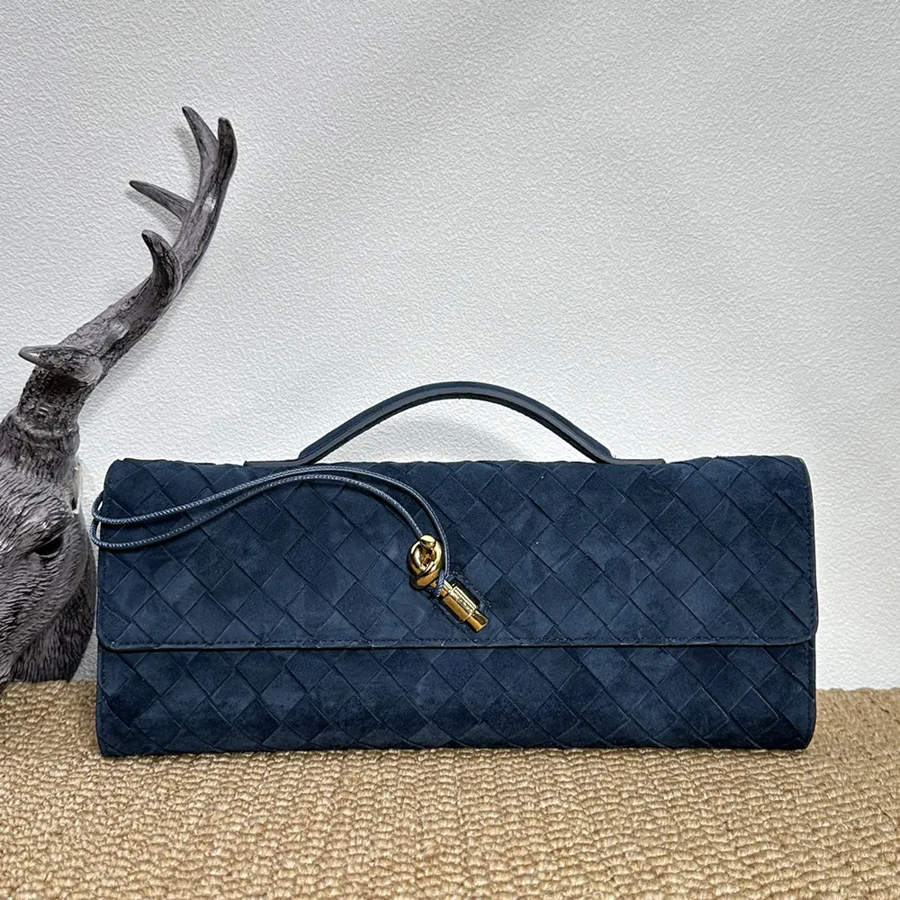 Close-up of signature intrecciato weave on the Andiamo Clutch-Navy