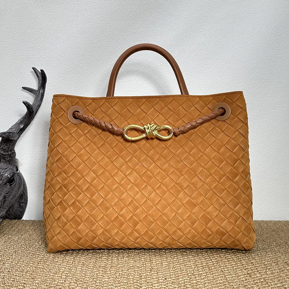 Close-up of intrecciato leather and gold hardware on Bottega Veneta Women Large Andiamo-Brown