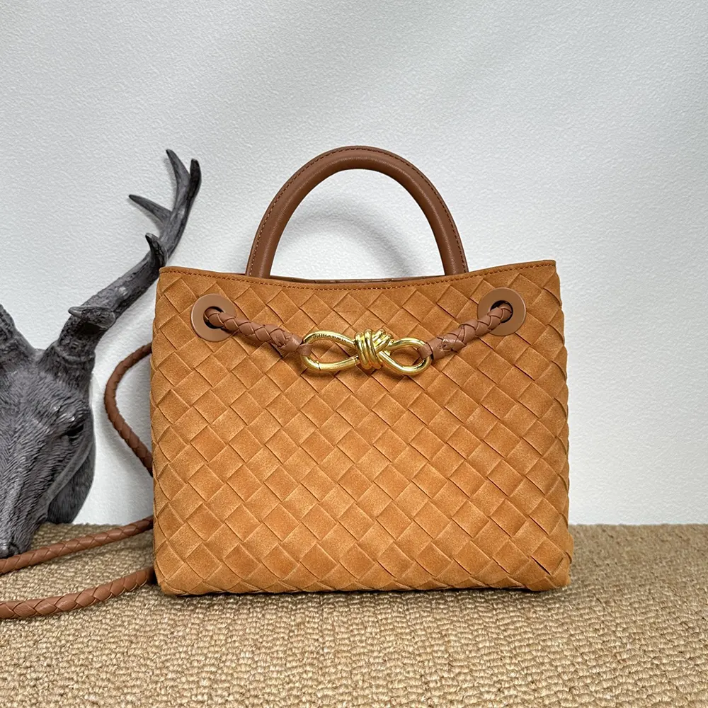 Close-up of Bottega Veneta Women Small Andiamo-Brown intrecciato leather detail