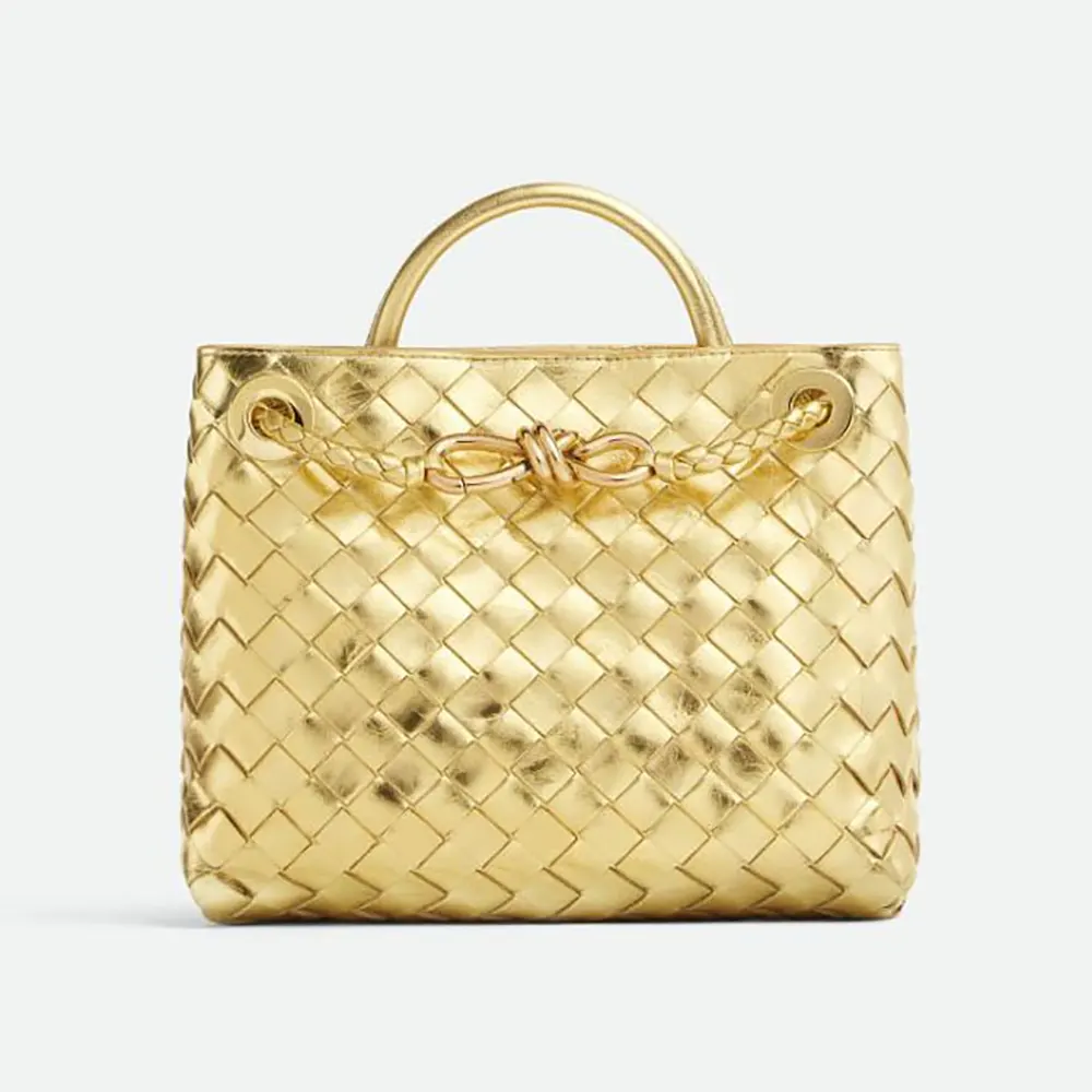 Front view of Bottega Veneta Women Small Andiamo Handle Bag in gold leather