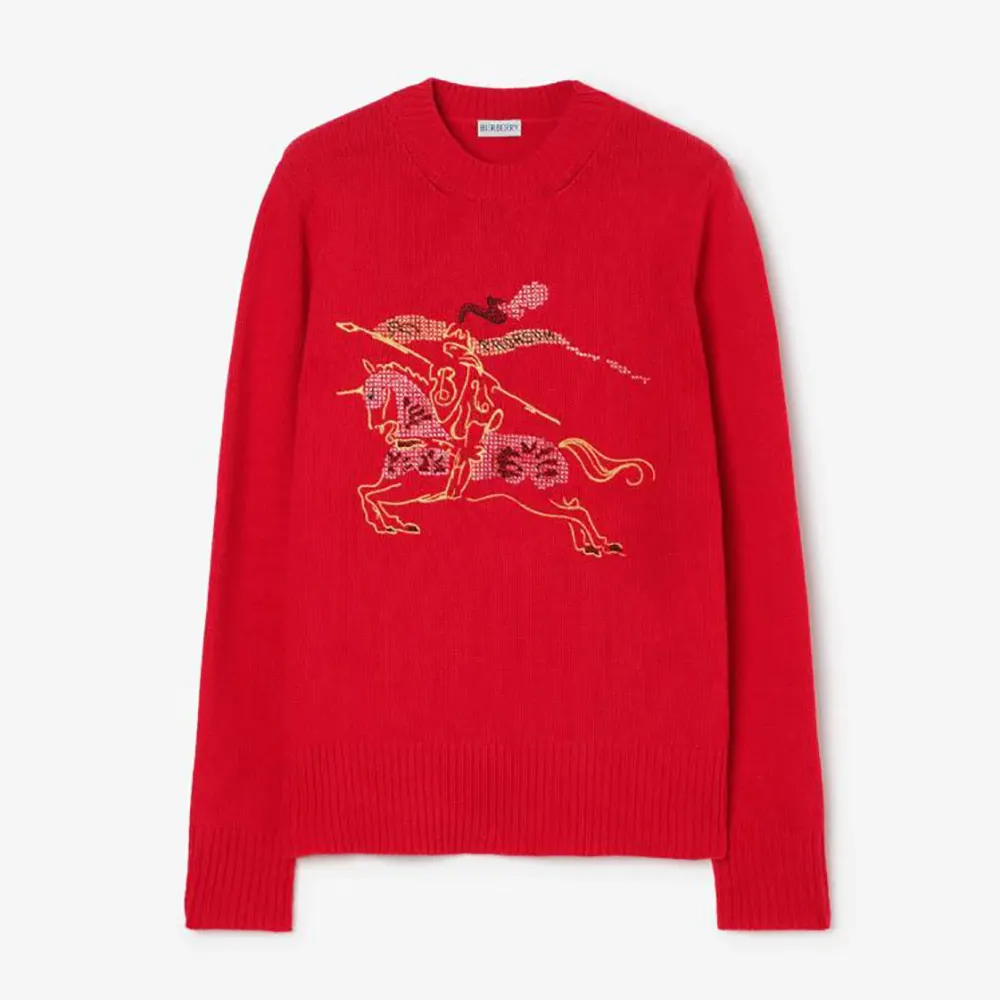Front view of Burberry Men Cross Stitch EKD Wool Cashmere Sweater-Red