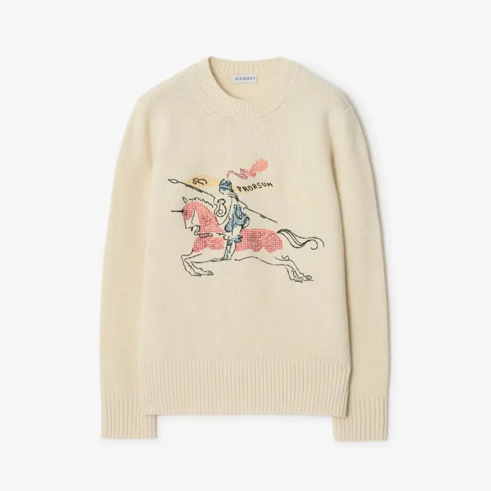 Front view of Burberry Men Cross Stitch EKD Wool Cashmere Sweater-White