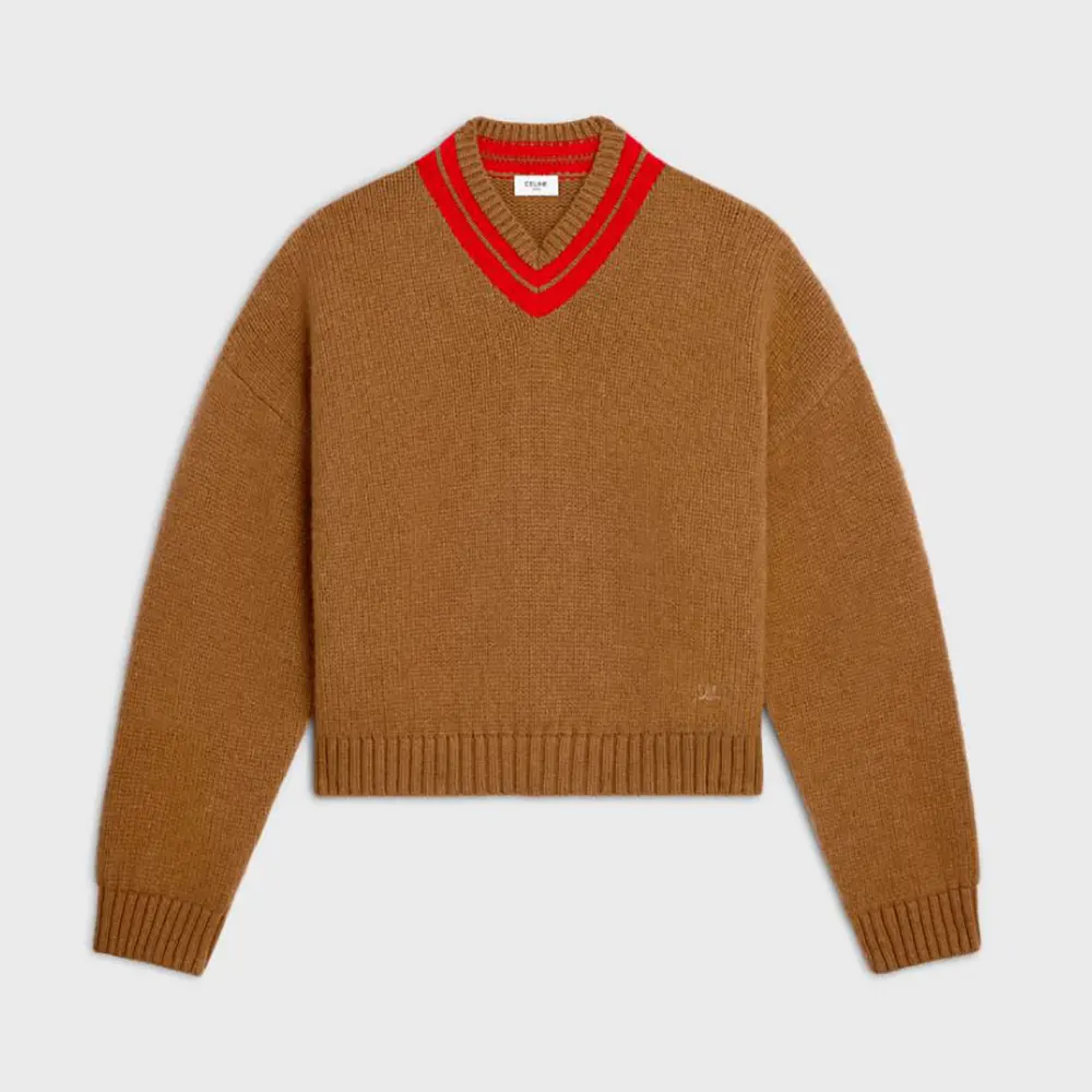 Front view of Celine Men V-Neck Sweater in Cashmere-Brown