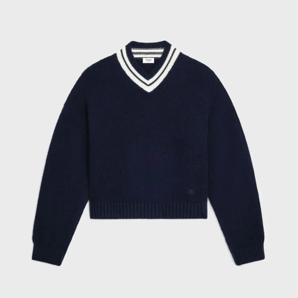 Front view of Celine Women V-Neck Sweater in Cashmere navy color