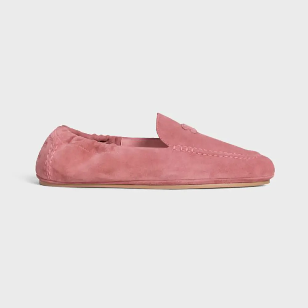 Side view of Celine Unisex Adam Loafer In Suede Calfskin-Pink
