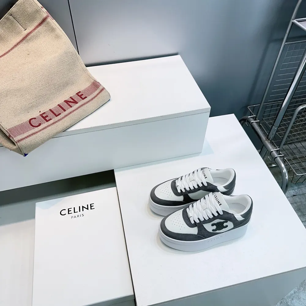 Celine Women Block Wedge Sneaker With Triomphe Patch In Calfskin And Suede Calfskin-Gray - image 5