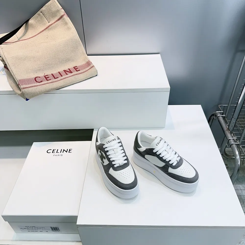 Top view showing calfskin and suede texture on Celine wedge sneaker