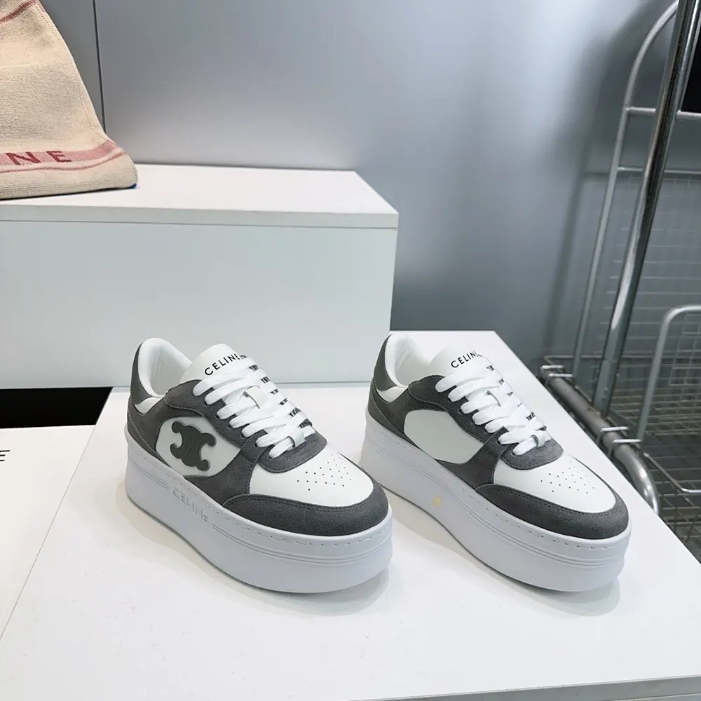 Celine Women Block Wedge Sneaker With Triomphe Patch In Calfskin And Suede Calfskin-Gray - image 6