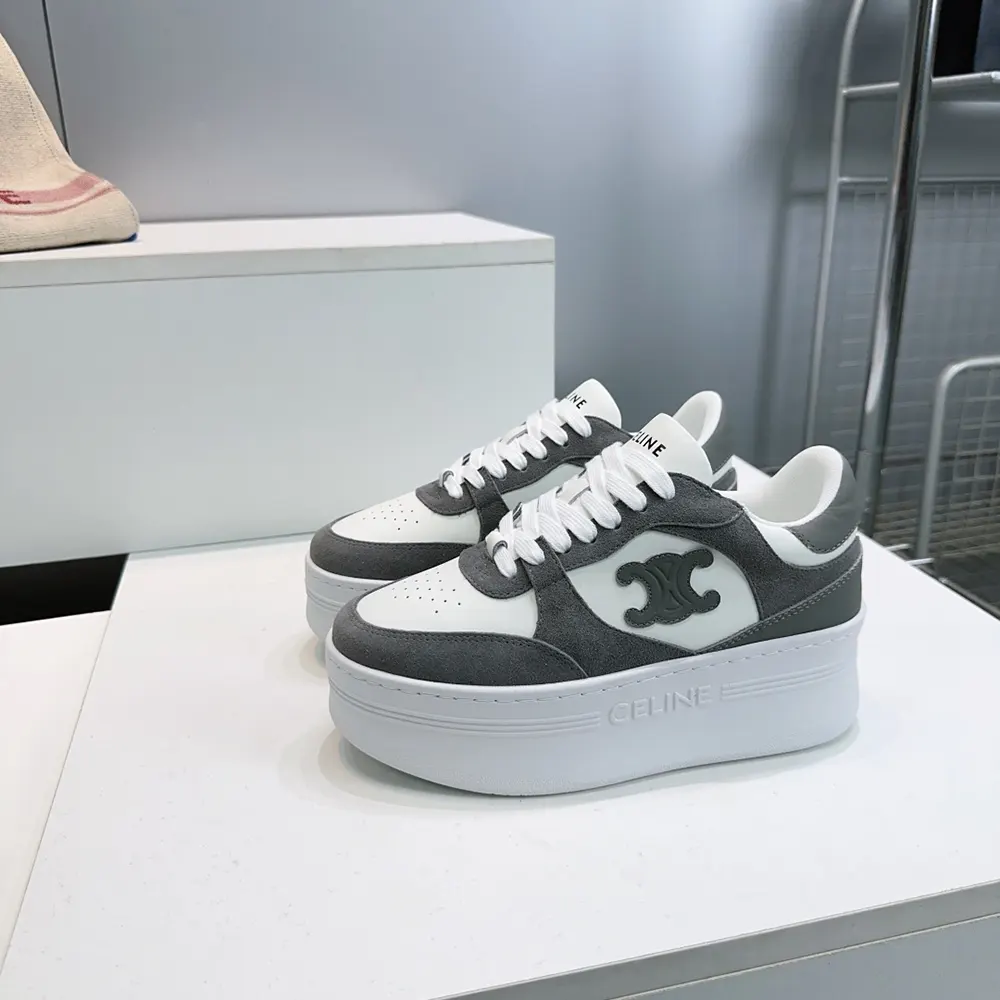 Celine Women Block Wedge Sneaker With Triomphe Patch In Calfskin And Suede Calfskin-Gray - image 8