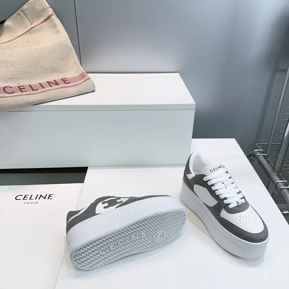 Celine Women Block Wedge Sneaker With Triomphe Patch In Calfskin And Suede Calfskin-Gray - image 10