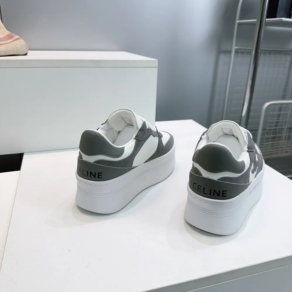 Celine Women Block Wedge Sneaker With Triomphe Patch In Calfskin And Suede Calfskin-Gray - image 9