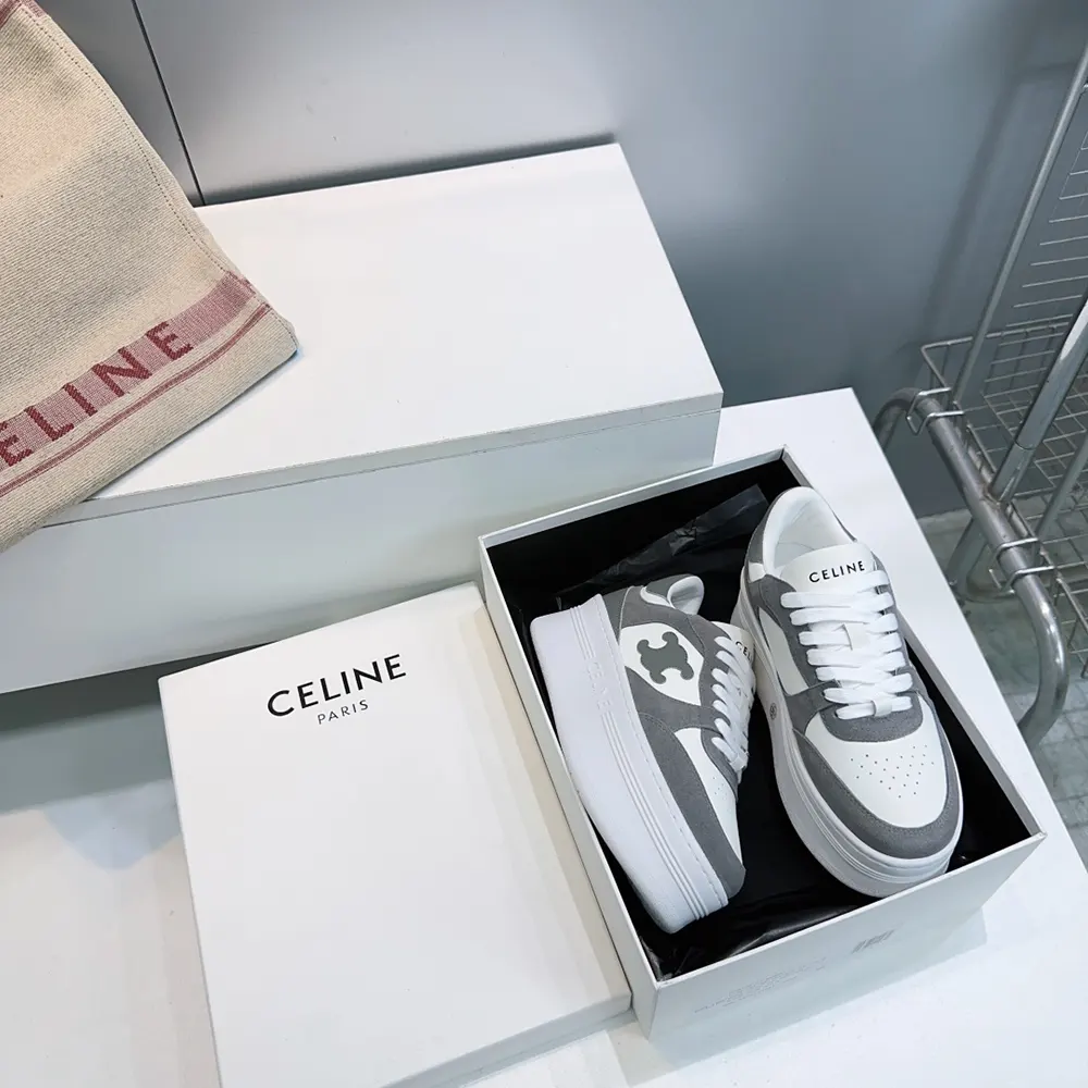Celine Women Block Wedge Sneaker With Triomphe Patch In Calfskin And Suede Calfskin-Gray - image 7