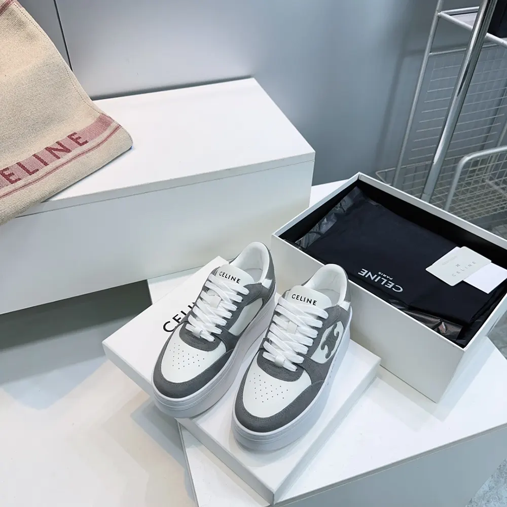 Celine Women Block Wedge Sneaker With Triomphe Patch In Calfskin And Suede Calfskin-Gray - image 4