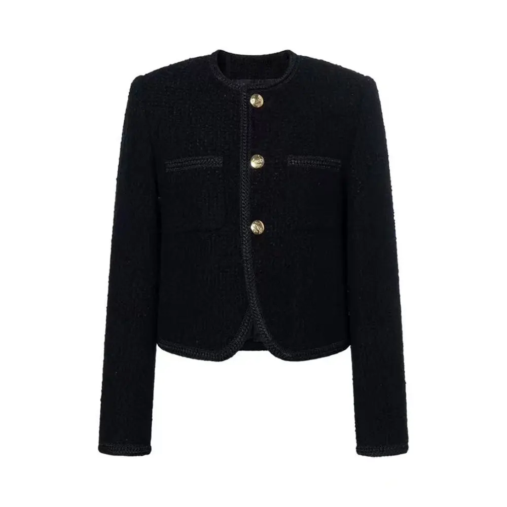Front view of Celine Women Classic Chasseur Jacket in Boucle Tweed-Black