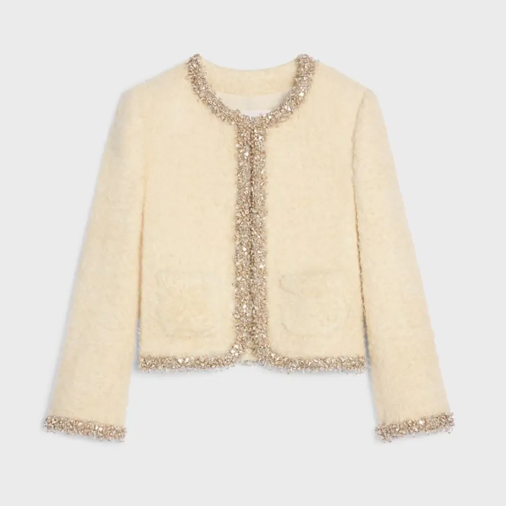 Front view of Celine Women Embroidered Chelsea Jacket in white silk natté