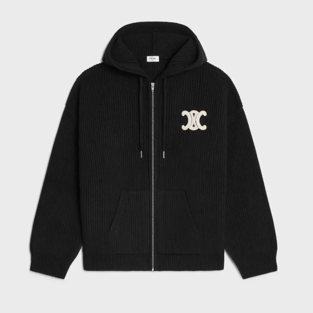 Front view of Celine Women Hooded Cardigan in Ribbed Wool-Black