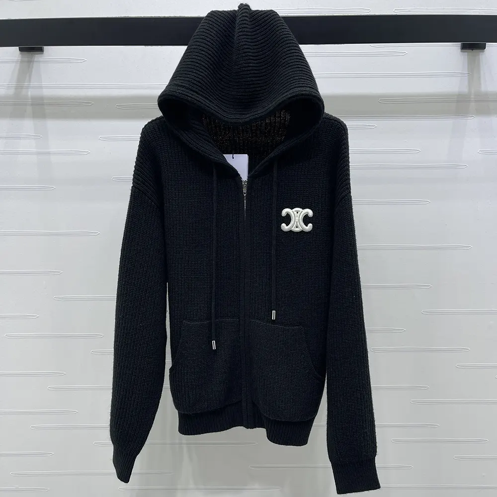 Close-up detail of ribbed wool texture on Celine Women Hooded Cardigan