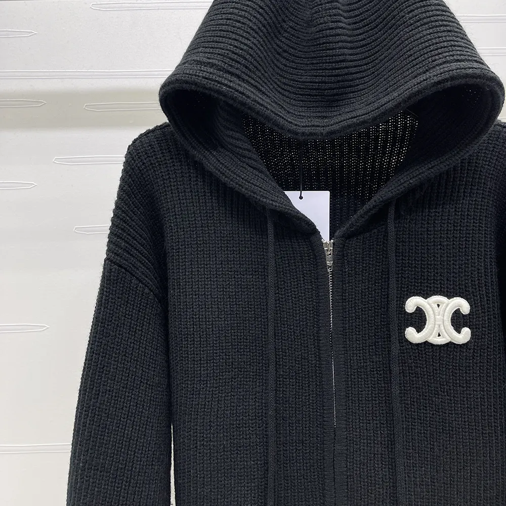 Celine Women Hooded Cardigan in Ribbed Wool-Black - image 6