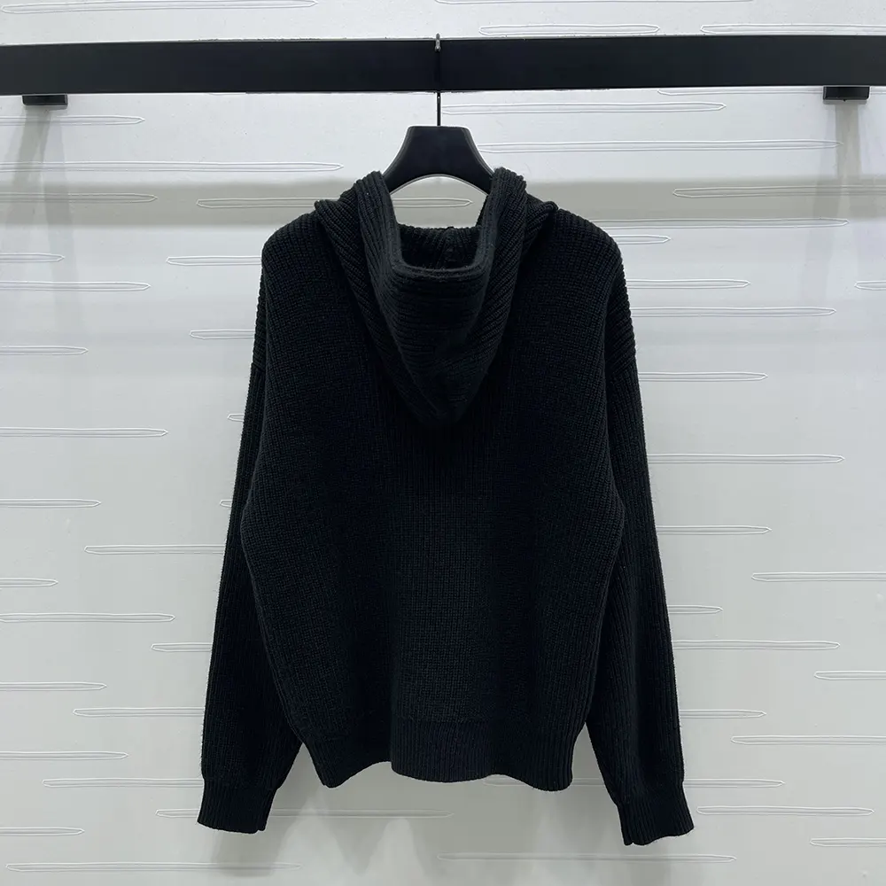 Side profile showing hood and zipper on Celine Women Hooded Cardigan