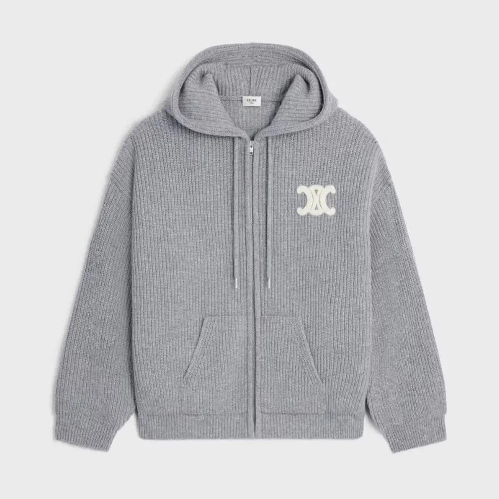 Front view of Celine Women Hooded Cardigan In Ribbed Wool-Grey with zipper closed