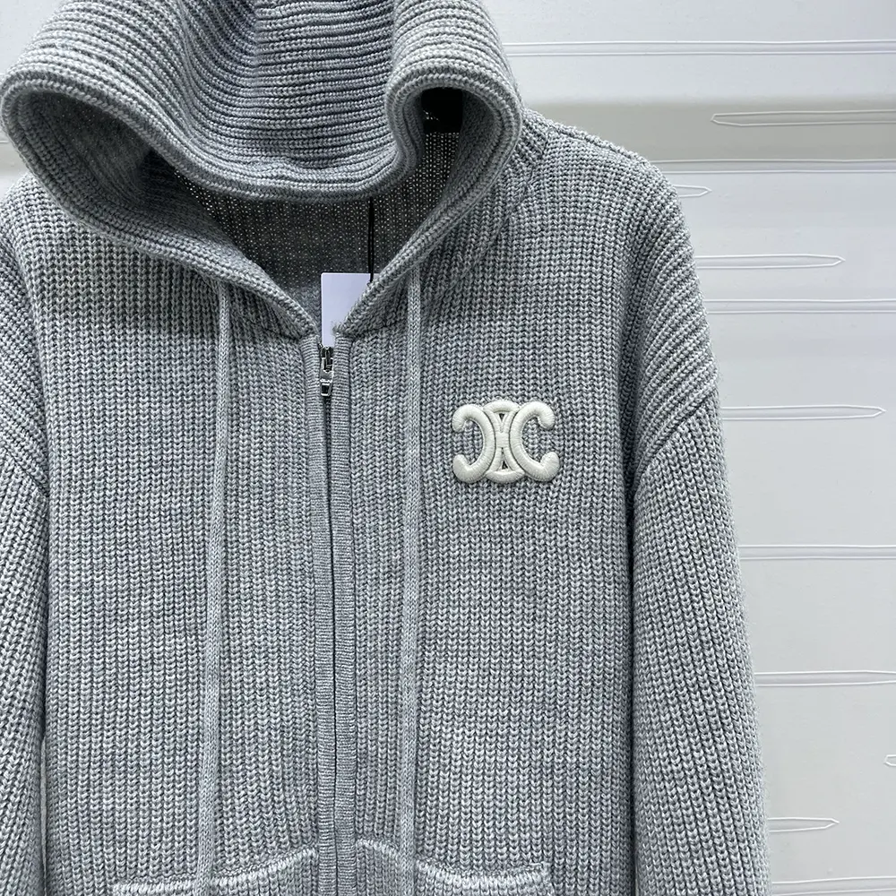 Celine Women Hooded Cardigan In Ribbed Wool-Grey - image 4