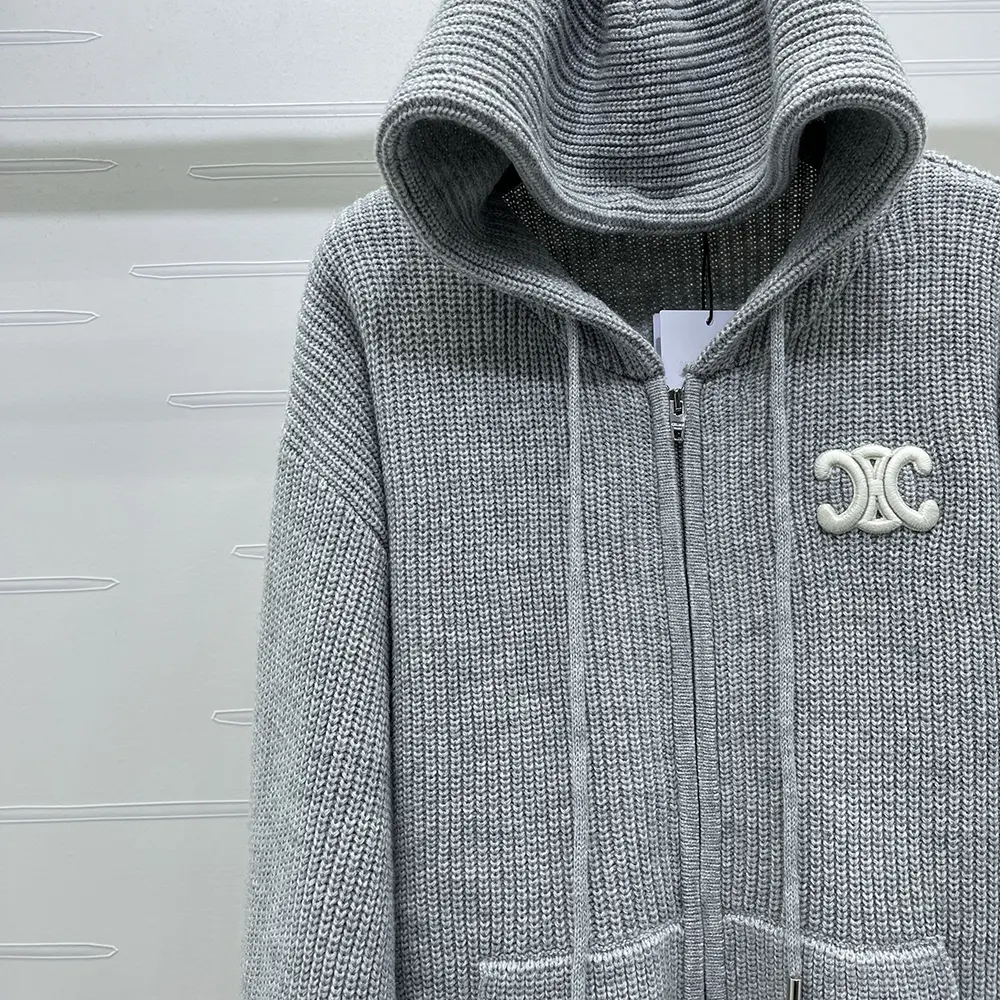 Celine Women Hooded Cardigan In Ribbed Wool-Grey - image 5