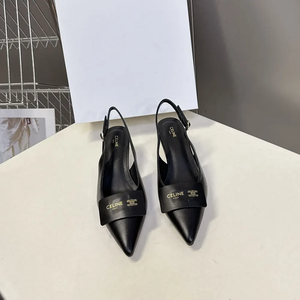 Close-up of signature label detail on Celine Women Signature-Slingback