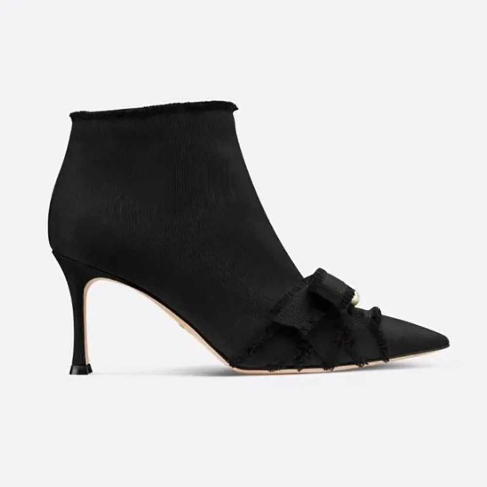 Side view of Dior Women Adiorable Pump Black Fringed Grosgrain Ankle Boots