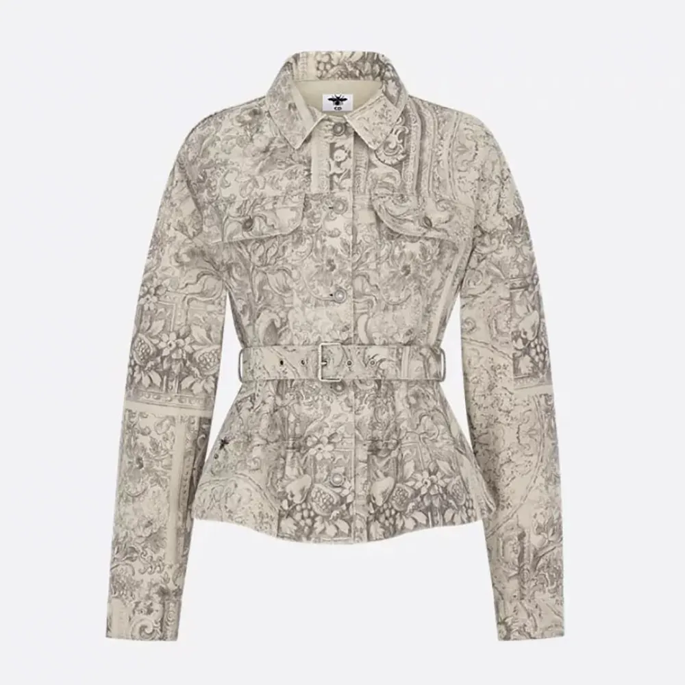 Front view of Dior Women Belted Jacket Beige Dior Barocco Cotton-Linen Denim