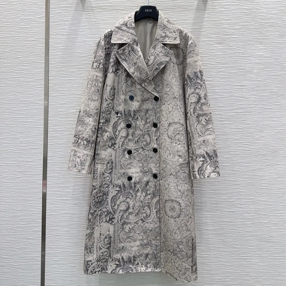 Close-up of signature Barocco print on Dior Women Coat Beige