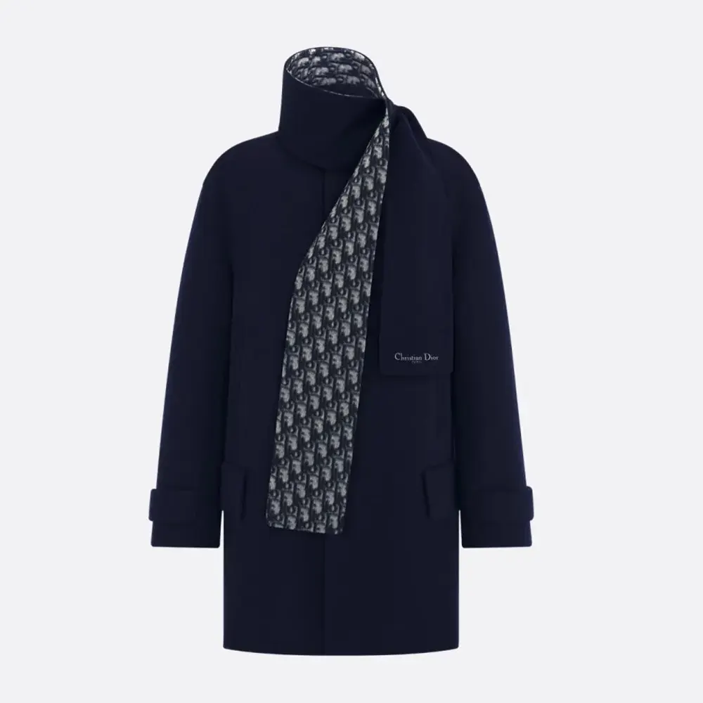 Front view of Dior Women Coat with Scarf Collar Navy Blue Double-Sided Virgin Wool and Silk