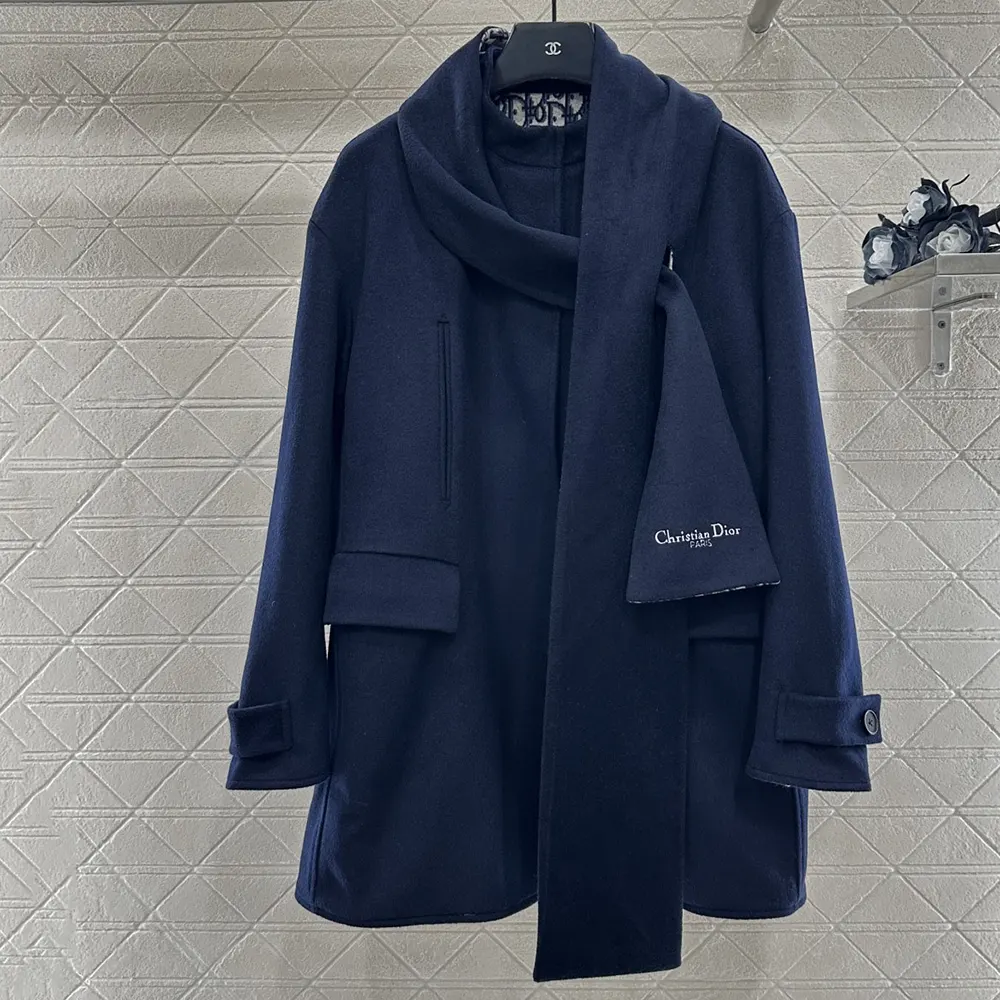 Close-up detail of scarf collar on Dior Women Coat in navy blue