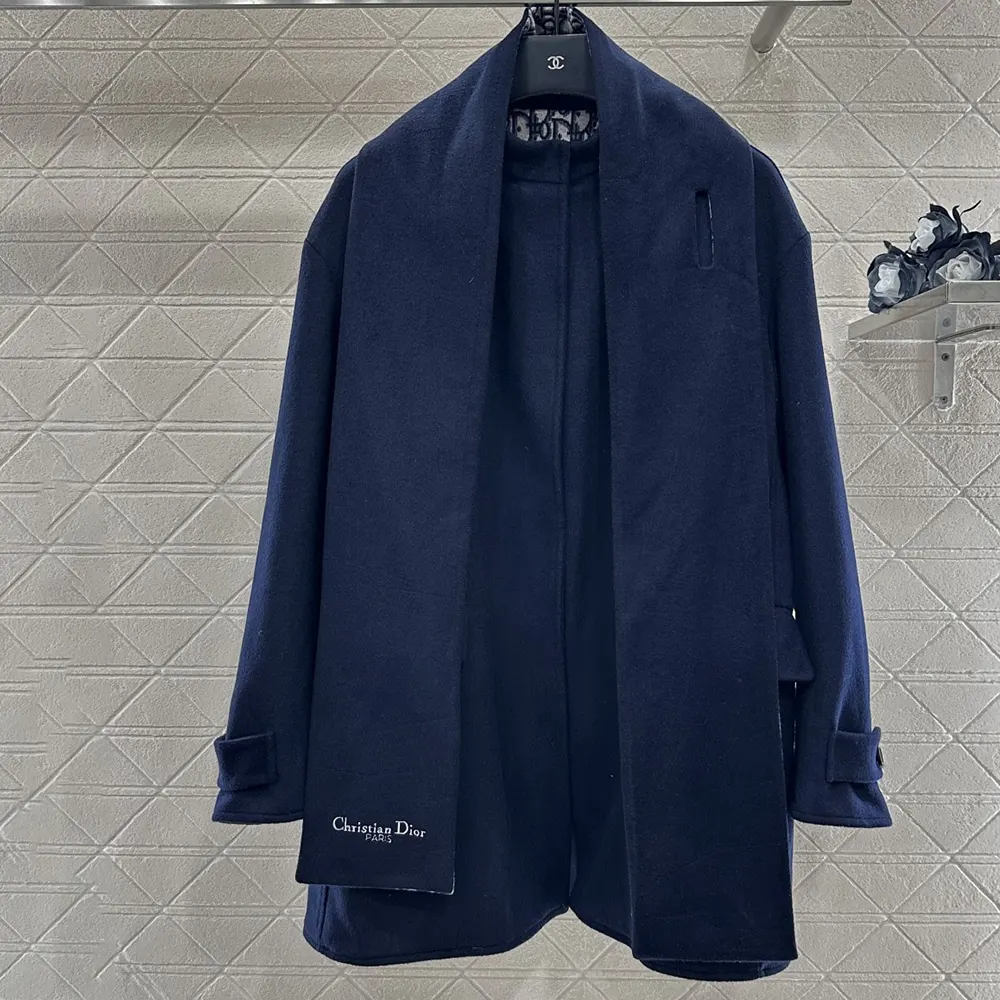 Dior Women Coat with Scarf Collar Navy Blue Double-Sided Virgin Wool and Silk - image 4