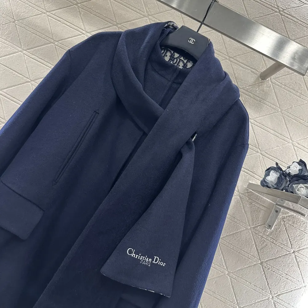 Dior Women Coat with Scarf Collar Navy Blue Double-Sided Virgin Wool and Silk - image 6