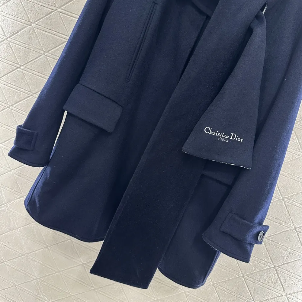 Dior Women Coat with Scarf Collar Navy Blue Double-Sided Virgin Wool and Silk - image 7