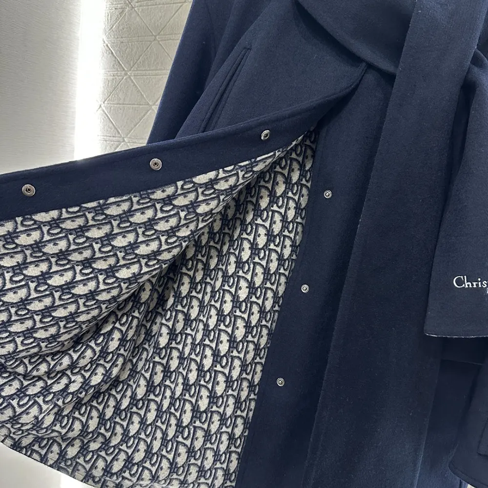 Dior Women Coat with Scarf Collar Navy Blue Double-Sided Virgin Wool and Silk - image 9